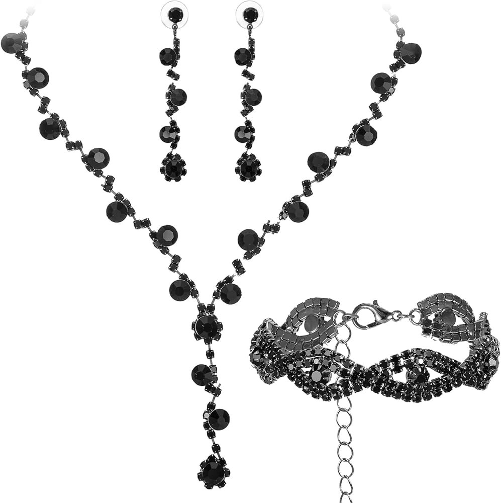 Rhinestone Necklace Set, Black Jewelry Sets for Women,Bridal Wedding Necklace Earrings Bracelet S... | Amazon (US)
