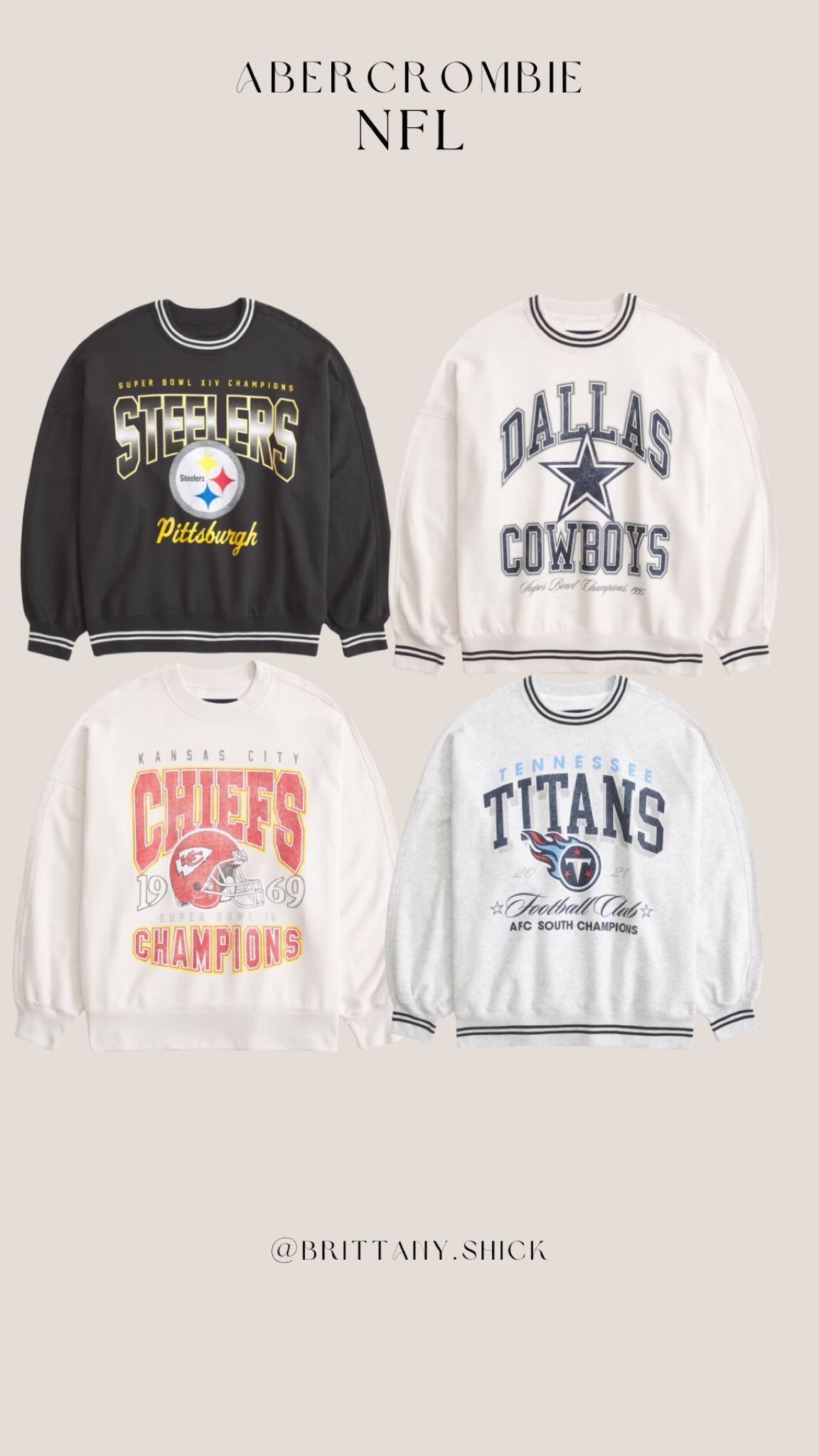 20% off Abercrombie NFL apparel sweatshirts tee hat  Pittsburgh Steelers Kansas City chiefs Dallas Cowboys Tennessee Titans 

#LTKSaleAlert #LTKFallSale #LTKSeasonal