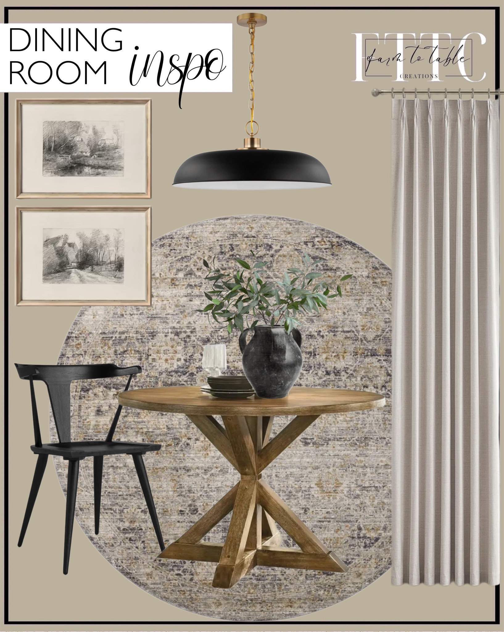 Dining Room Inspo. Follow @farmtotablecreations on Instagram for more inspiration.

Set of 2 Neutral Art Prints | PRINTABLE Gallery Wall Art Sketch | Earth Toned Drawings. Ebbert Round Solid Wood Base Dining Table. Jean Stoffer x Loloi Katherine Charcoal / Gold Area Rug. 1 Light Large Pendant in Mid-Century Modern Style. Agata Solid Wood Slat Back Dining Chair. Natural Linen Pinch Pleated Blackout Curtains & Drapes. Joshua Handcrafted Ceramic Vase. 39" Faux Eucalyptus Branch. 



#LTKFindsUnder50 #LTKSaleAlert #LTKHome
