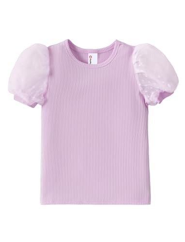 PATPAT Girls Puff Sleeve Shirt Size 9-10 Ribbed Short Sleeve Purple Lace Shirt Girls Purple Dress Blouse Cute Kids Clothes Smocked Blouse Cute Tops | Amazon (US)