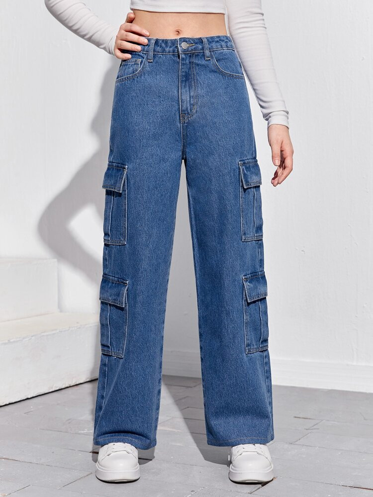 SHEIN Teen Girls Flap Pocket Cargo Jeans | SHEIN