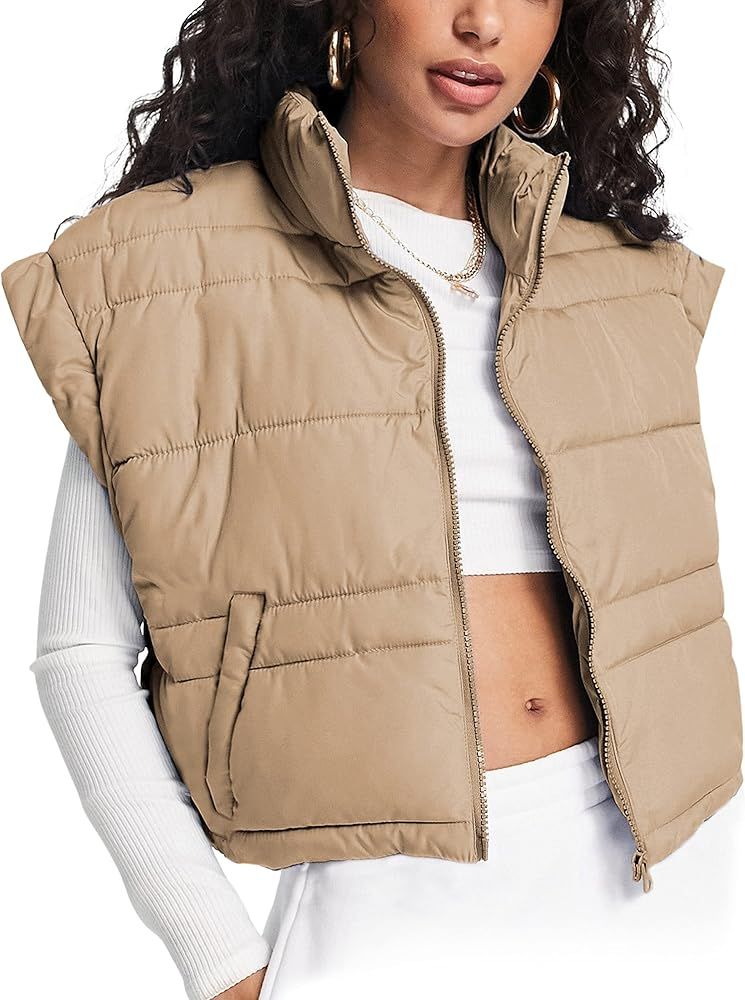 Ailoqing Womens Quilted Cropped Puffer Vest Sleeveless Zip Up Stand Collar Padded Gilet | Amazon (US)