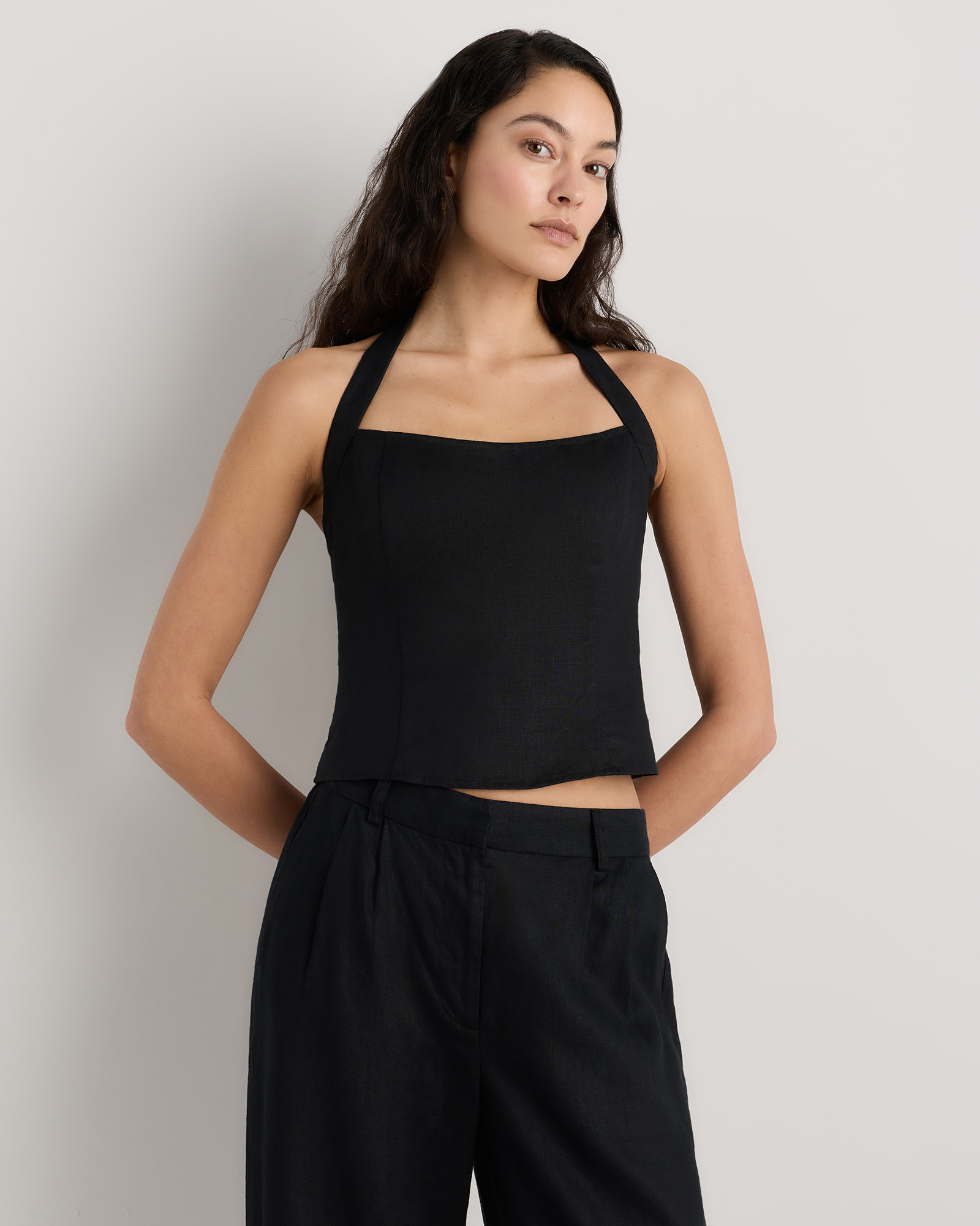 Quince | Women's 100% European Linen Halter Top in Black, Size Small | Quince