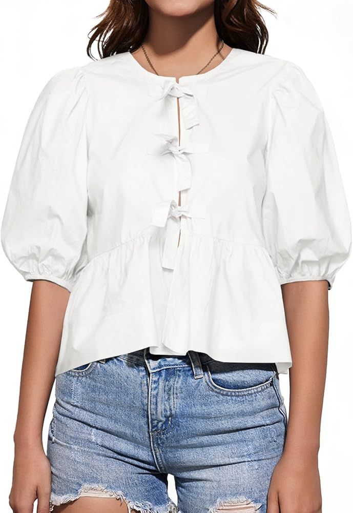 Tankaneo Womens Tie Front Tops Summer Peplum Babydoll Puff Short Sleeve Blouse Cute Cotton Shirts | Amazon (US)