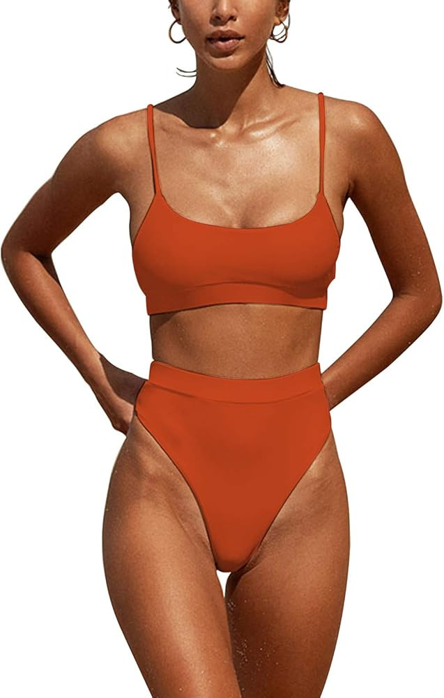 Womens High Waisted Swimsuits Bottom Padded Bathing Suits Bikini Sets Top Two Piece Swimwear | Amazon (US)