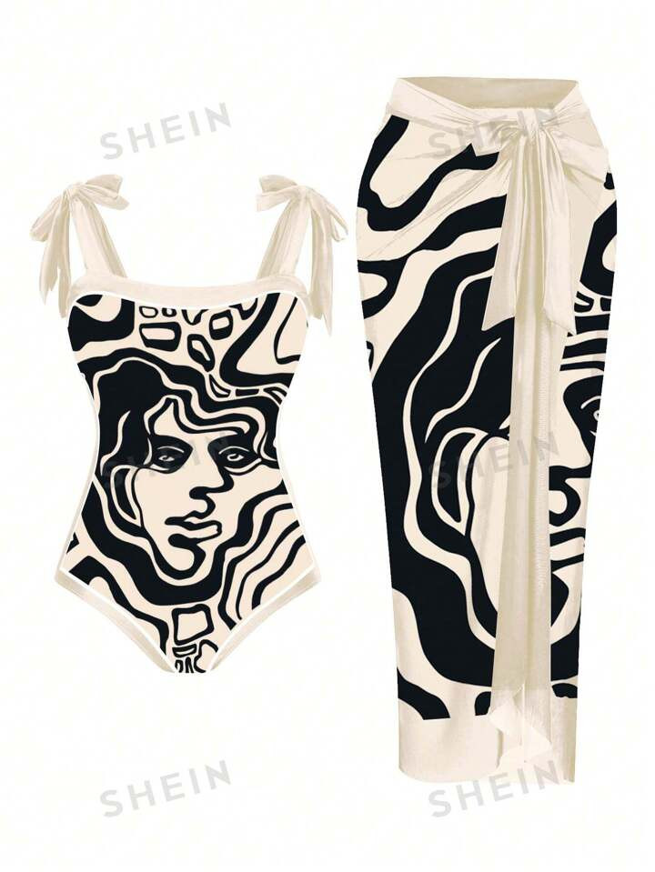SHEIN Swim Vcay Plus Size Printed Tie Shoulder One-Piece Swimsuit And Swim Skirt 2pcs/Set Carniva... | SHEIN