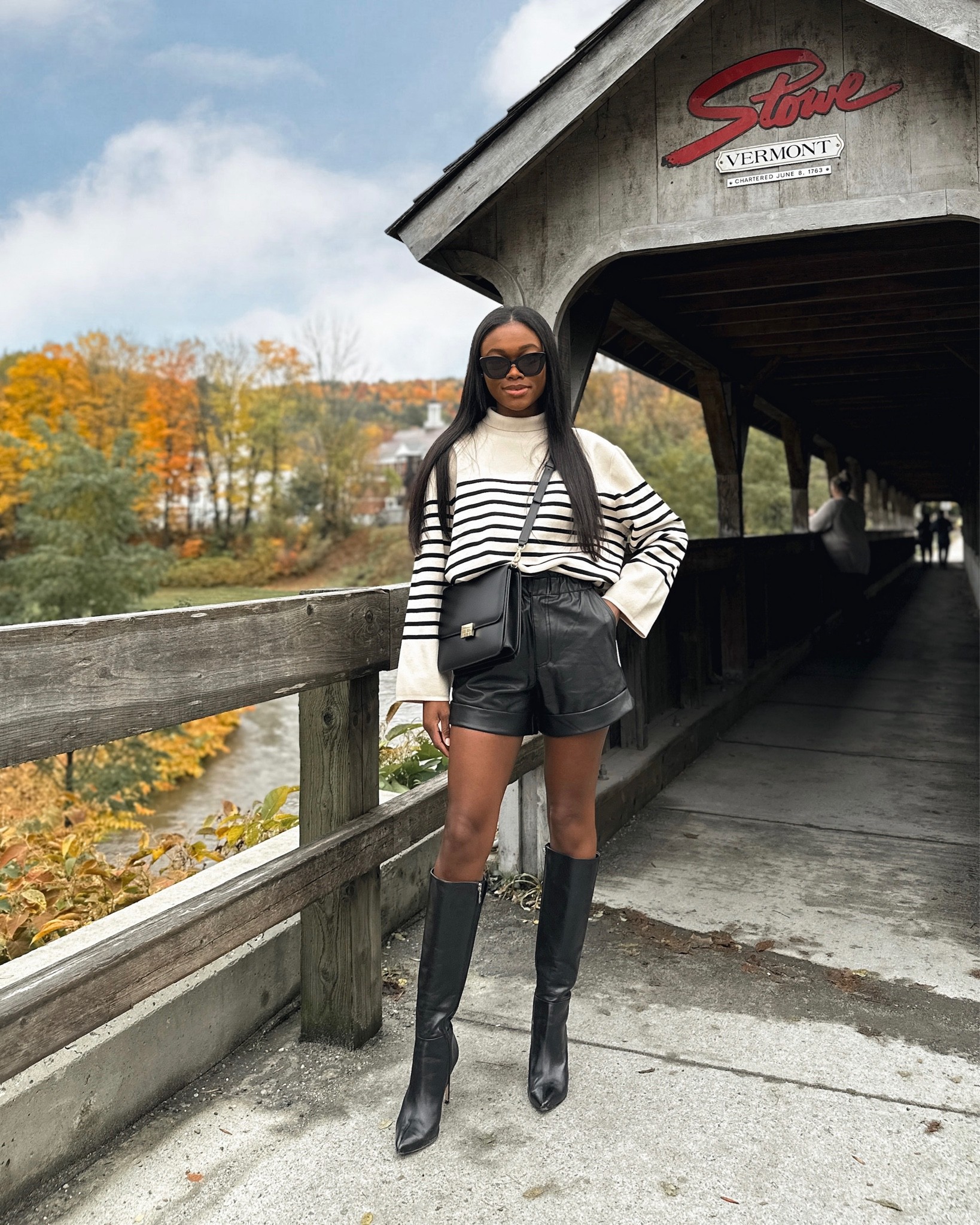 High collar sweater, striped sweater, pullover, black leather shorts, Schutz black knee high boots, black crossbody bag  

#LTKshoecrush #LTKunder100 #LTKstyletip