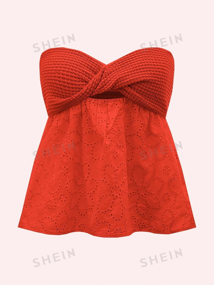 SHEIN WYWH Twist Front Cutout Eyelet Embroidery Top | SHEIN