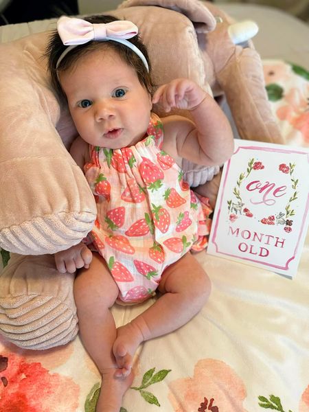 Our girly is one month! The cutest baby strawberry outfit and milestone cards! I love that you can write on the back of the cards important information about each month! 🥺 

#LTKkids #LTKunder50 #LTKbaby