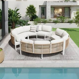 4-Piece 8 Seats Curved Aluminum Outdoor Rattan Sectional Set with Beige Cushion | The Home Depot