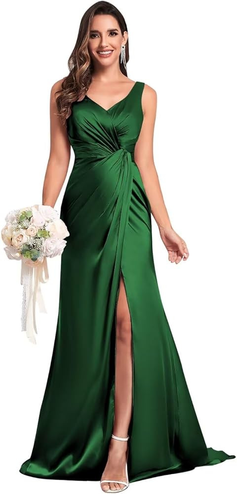SOLODISH V Neck Satin Bridesmaid Dresses for Wedding Long Formal Evening Party Gown with Slit | Amazon (US)