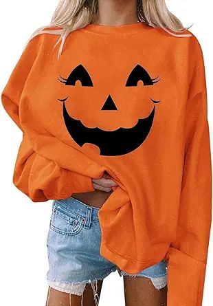 Smoneyful Halloween Graphic Tops for Women Fashion Print Casual Sweatshirts Comfy Loose Blouses C... | Amazon (US)