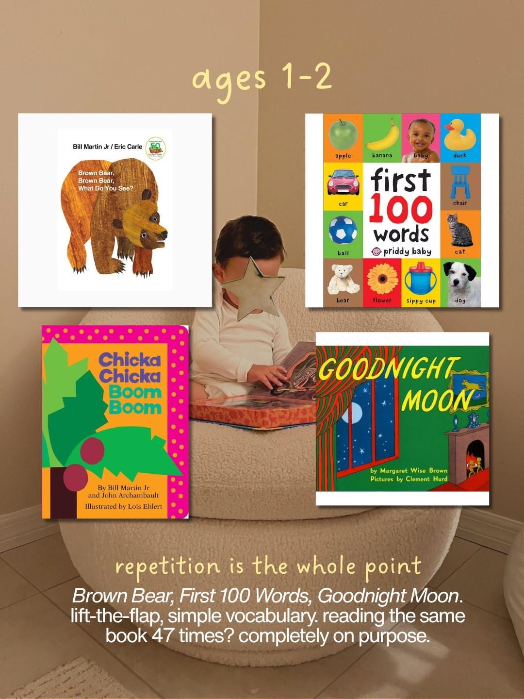 Ages 1–2: repetition is the whole point; if they ask for the same book 12 nights in a row, that’s the book working.

#LTKKids #LTKmomlife #LTKBaby