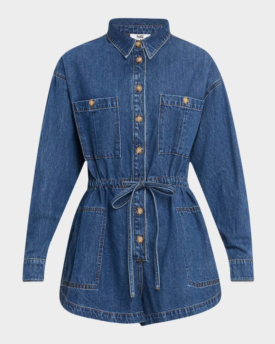 PAIGE Madigan Long-Sleeve Denim Romper | Neiman Marcus