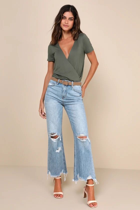 Crystal Medium Wash Distressed High Rise Wide Leg Raw Hem Jeans | Lulus