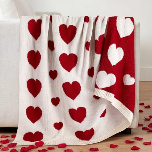 Breling Valentine's Day Throw Blanket Valentine's Day Gift Love Heart Red and White Reversible Knitted Throw Blanket for Her Wife Women Couch Sofa Bed Decor, 50"x 60" | Amazon (US)
