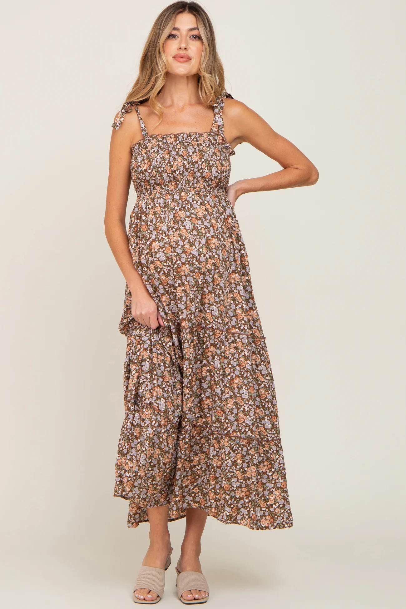 Camel Floral Sleeveless Tiered Maternity Maxi Dress | PinkBlush Maternity