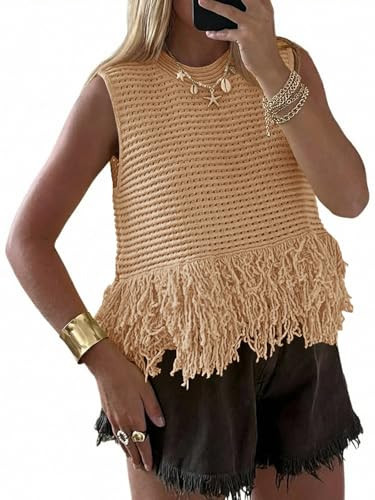 Saodimallsu Womens Crochet Crop Tank Tops Sleeveless Fringe Crew Neck Trendy Boho Knit Summer Sweater Vest Khaki | Amazon (US)