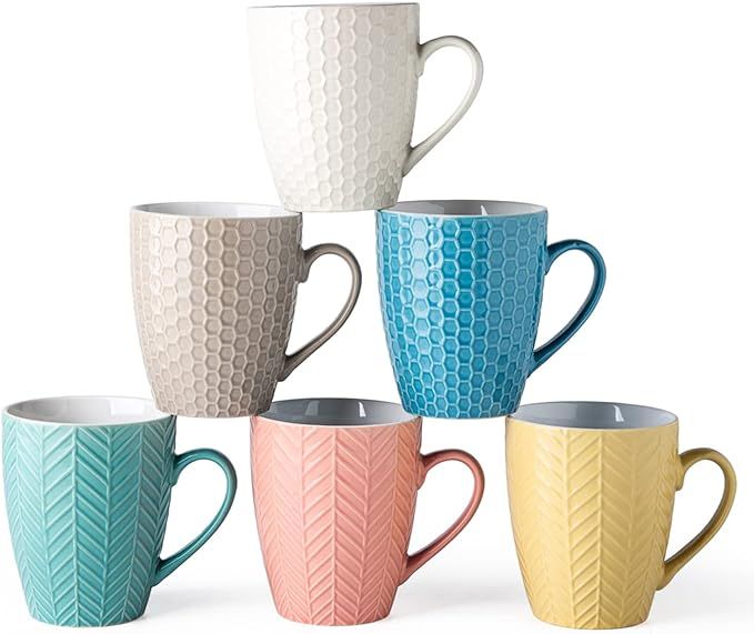 AmorArc Large Colorful Coffee Mugs Set of 6, 18oz Ceramic Coffee Mugs Sets with Multi Embossed Pa... | Amazon (US)