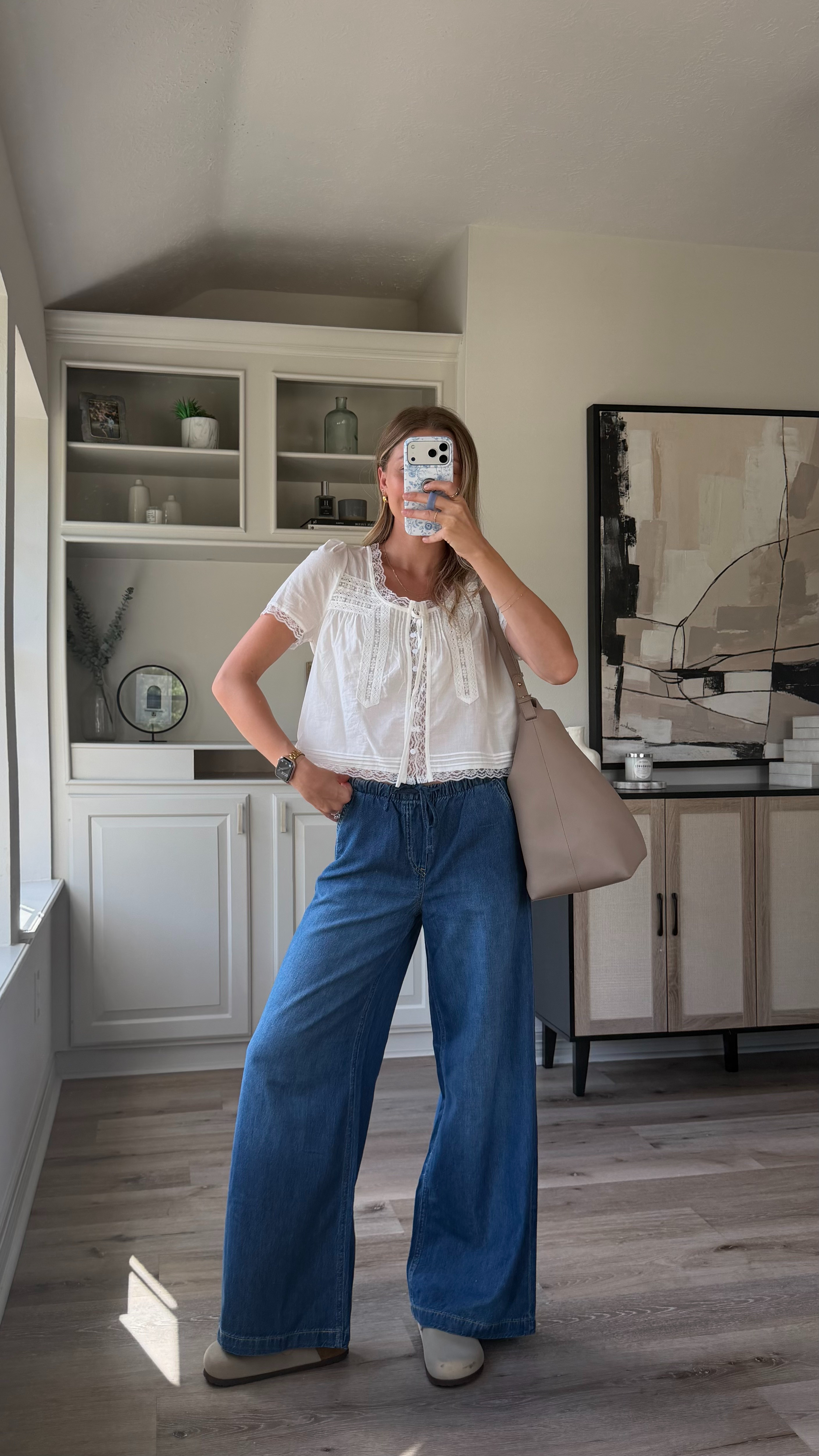 Cute, casual early fall outfit | size small in stretchy denim and lace top! 

 #LTKootd #LTKmomlife