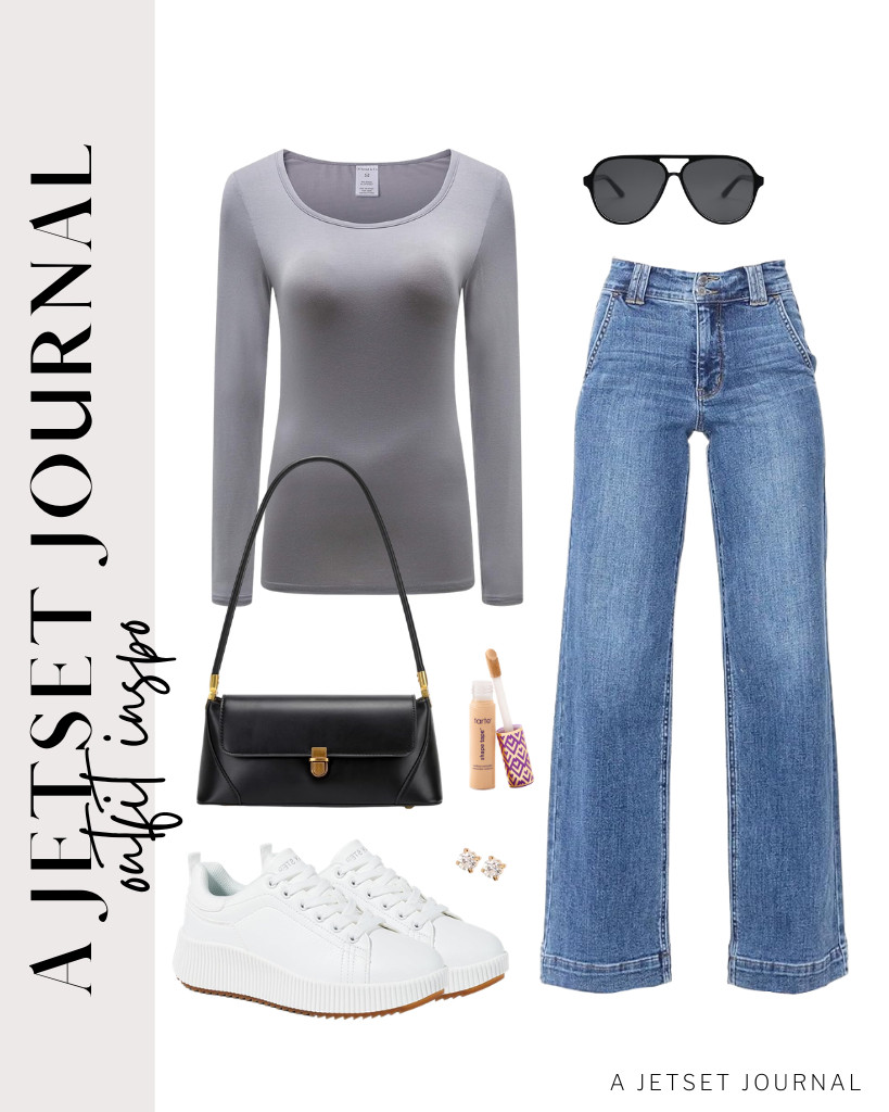 Our next fit is a great combination of a gray top and jeans paired with white sneakers from LUCKY STEP. To style it, wear your SOJOS polarized aviator sunnies and stud earrings. 

 #LTKSeasonal #LTKSaleAlert #LTKTravel