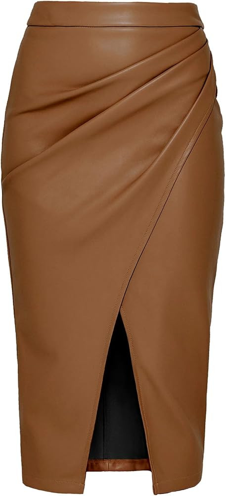 Leather Skirts for Women Mid Length Business Work Outfits with Slit Wrap Ruched Bodycon Skirt Hig... | Amazon (US)