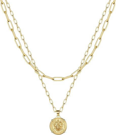 MONOOC Choker Necklaces for Women, Dainty 14K Gold Plated Layered Medallion Choker Necklace, Simp... | Amazon (US)