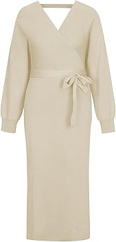 Fixmatti Women's Elegant V Neck Wrap Knit Dresses Batwing Sleeve Backless Slit Maxi Dress with Belte | Amazon (US)