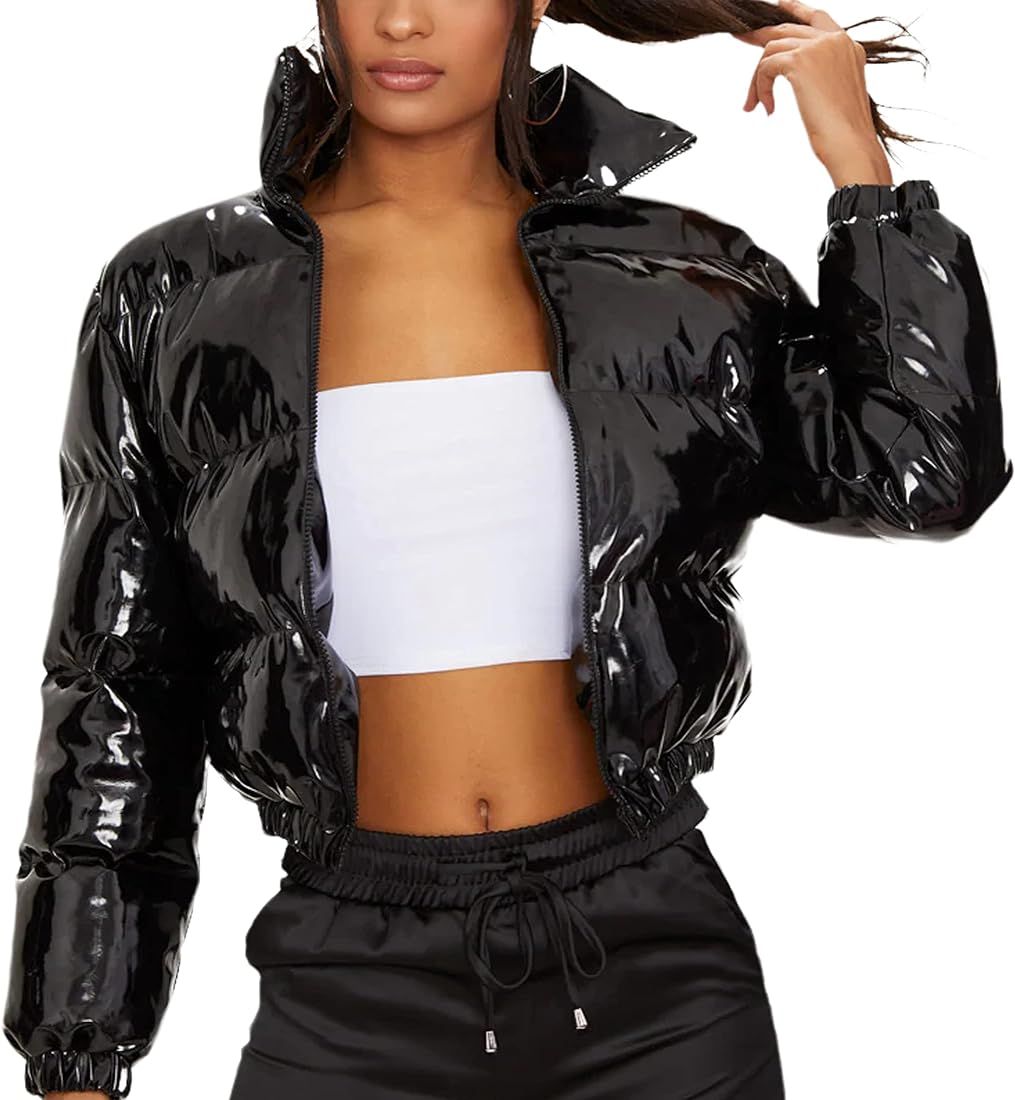 Uaneo Women's Cropped Puffer Jacket Winter Shiny Zip Up Short Bubble Puffy Coats | Amazon (US)