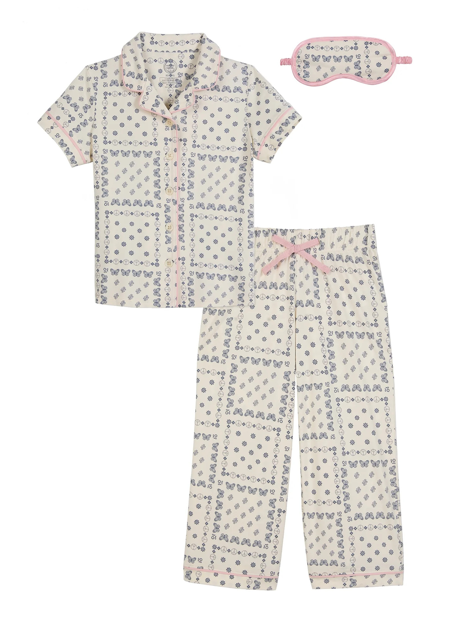 Wonder Nation Girls Button Front Short Sleeve Top & Pant Pajama Set with an Eyemask, 3-Piece, Siz... | Walmart (US)