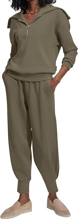 Meladyan Women 2 Piece Tracksuit Half Zip Long Sleeve Lapel Sweatshirt High Waist Sweatpants Two ... | Amazon (US)