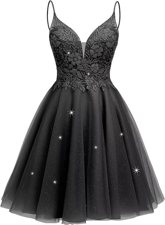Sparkly Tulle Homecoming Dresses V Neck Short Lace Prom Dress for Teens Beaded Cocktail Dresses | Amazon (US)