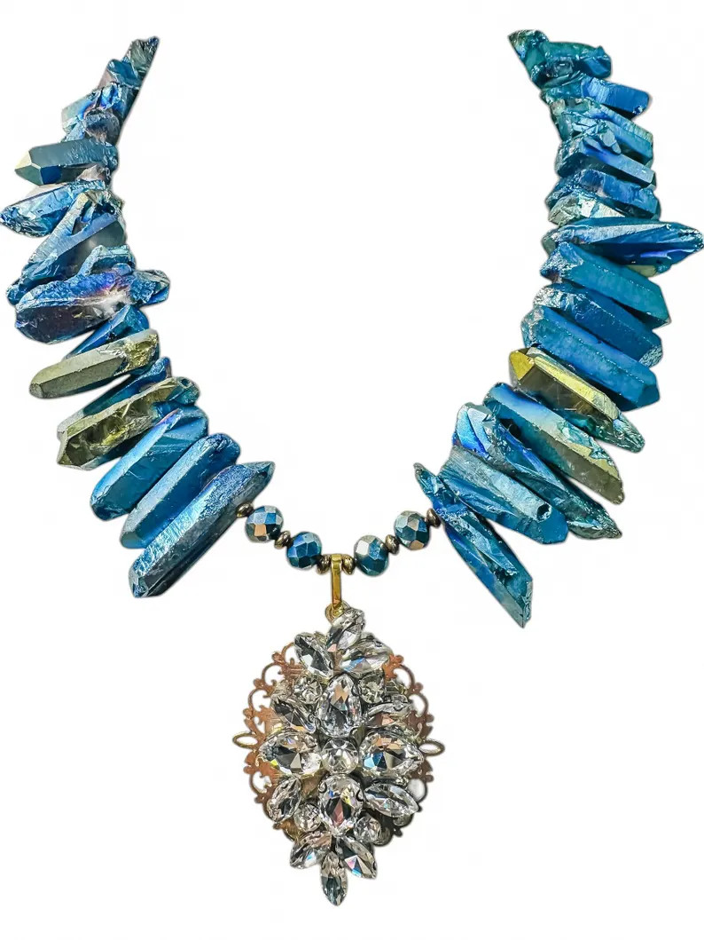 Mykonos | Statement Necklace | Titanium Aura Quartz Crystal Collar | Rhinestone Pendant Necklace ... | Etsy (US)