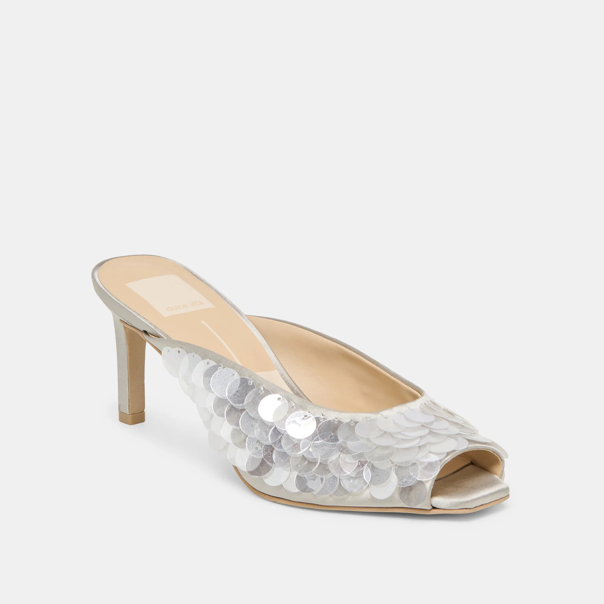 Samary Confetti Heels Silver Satin | DolceVita.com