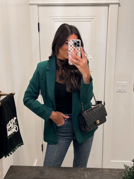 Holiday outfit | green blazer | sheer lace top | Christmas party outfit 

#LTKSeasonal #LTKstyletip #LTKHoliday