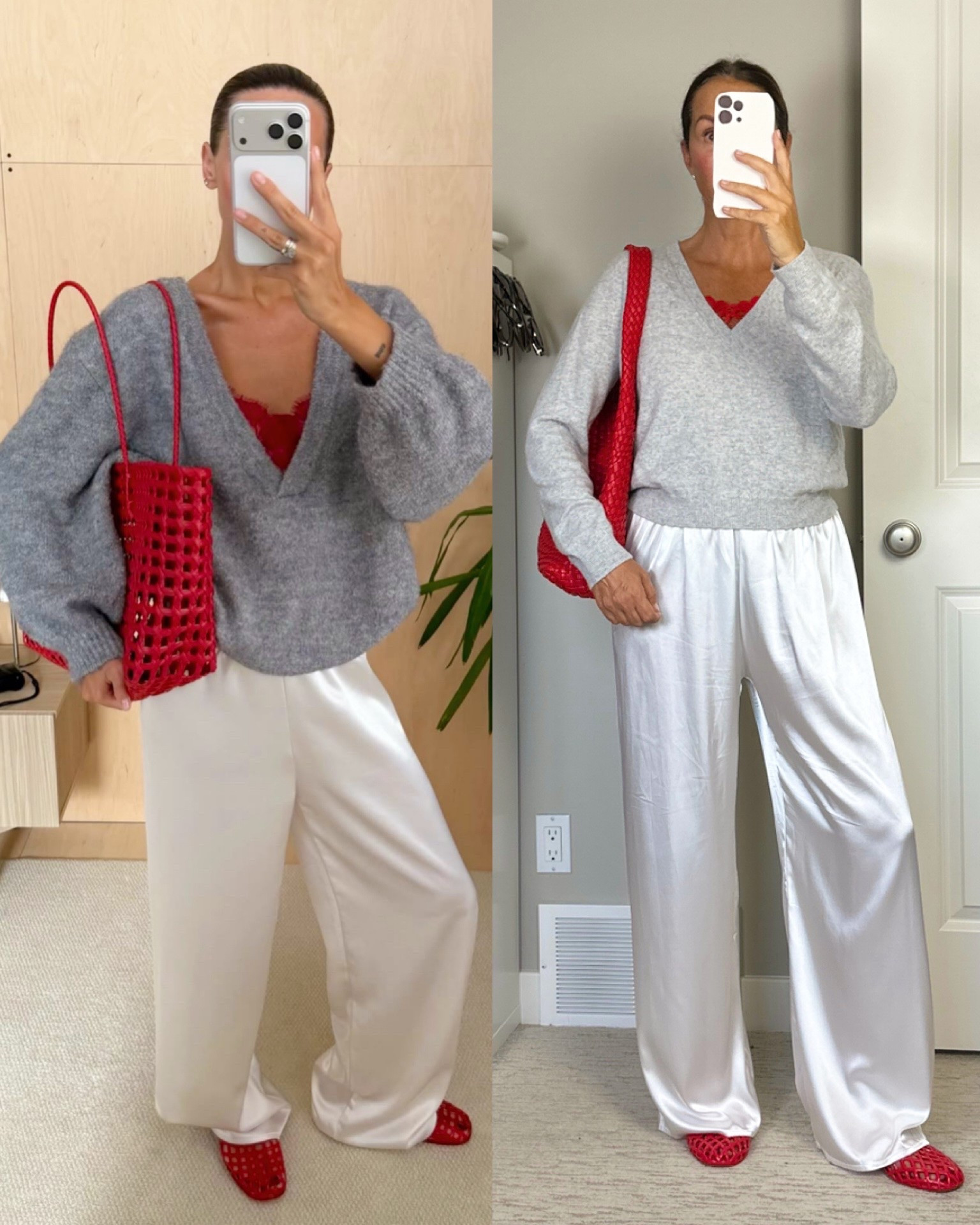 Early fall Pinterest look with pops of red. I didn’t have a lace trim cami so I found a strip of lace trim and used a stitch gun to secure it under the sweater so it peeks through. 
My silk pants are small long and my cashmere sweater is a M.

#LTKcanada #LTKfall #LTKstyletip