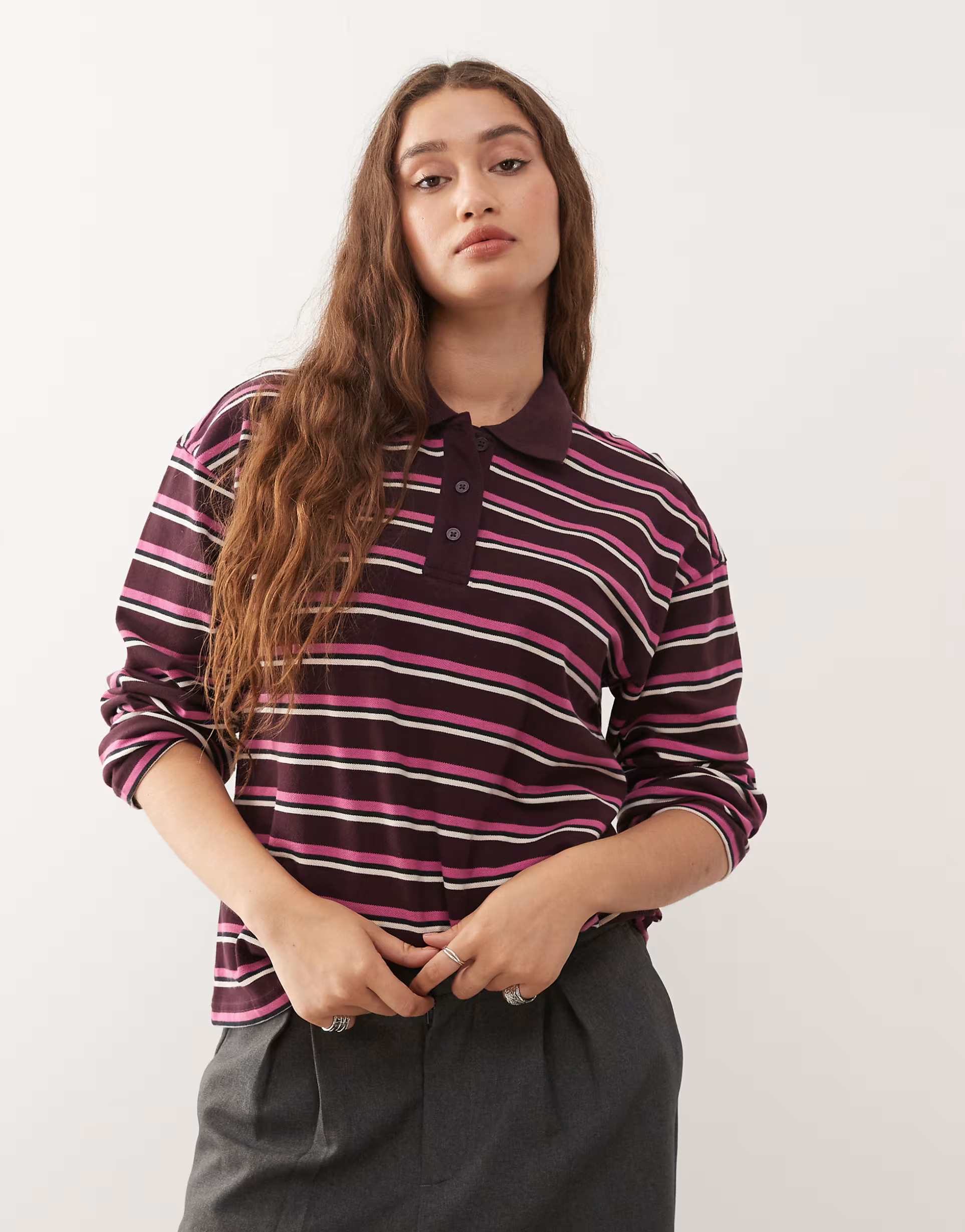 Monki long sleeve oversized rugby polo in burgundy and plum stripe | ASOS (Global)
