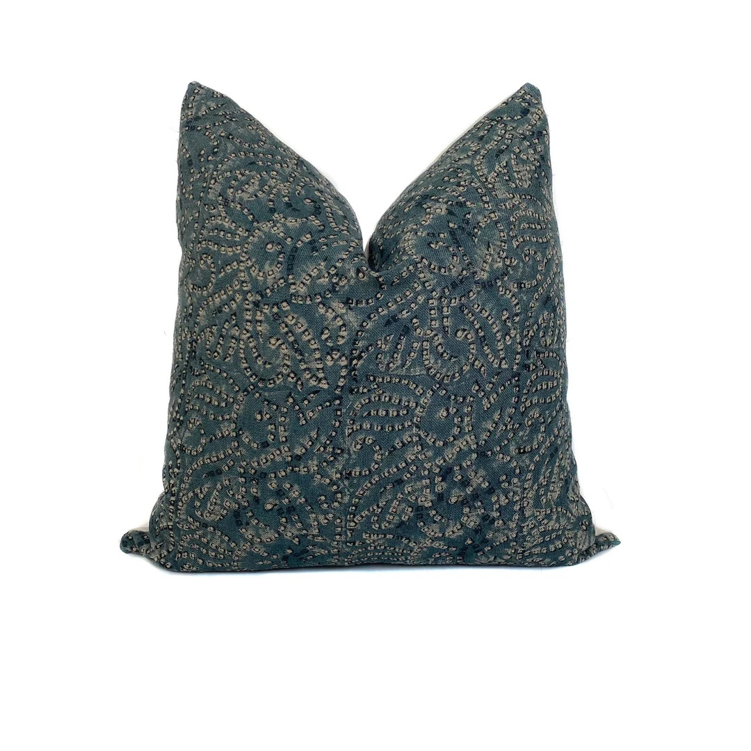 Teal Pillow Cover Floral Botanical Blue Distressed Nautical Elegant Decorative Cushion Cover Couc... | Etsy (US)