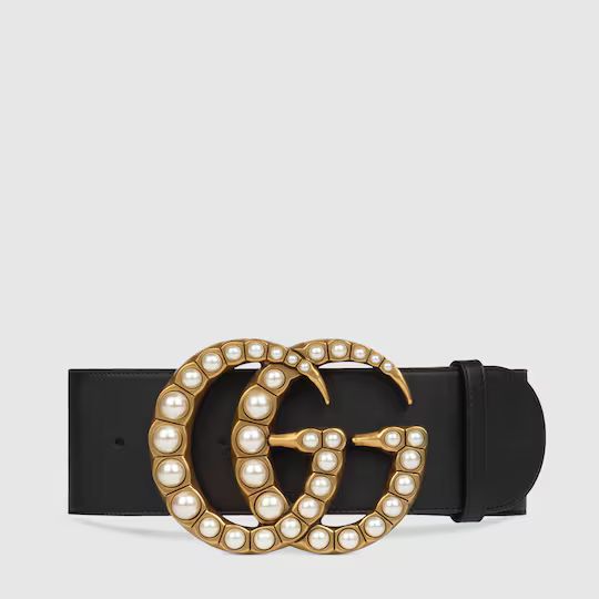Wide leather belt with pearl Double G | Gucci (US)