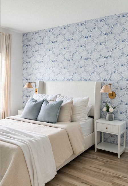 Coastal guest bedroom 🤍🌴 #guestroom #wallpaper #coastaldecor #guestbedroom #bed #lighting 

#LTKstyletip #LTKhome #LTKfindsunder100