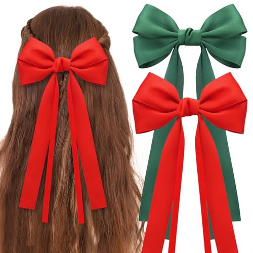 Ambesi Silky Satin Ponytail Holders, 2PCS Hair Bow Clips in Red and Green for Women and Girls, Long Tail Barrettes and Dress Up Hair Clip Accessories | Amazon (US)