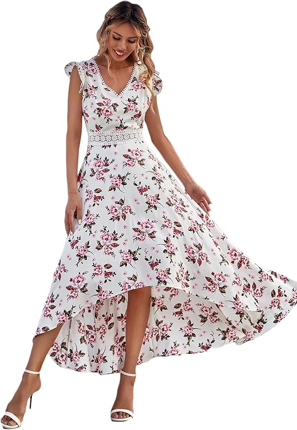 Floerns Women's All Over Print Deep V Neck Ruffle Hem Dress for Summer | Amazon (US)