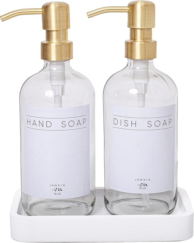 Janxin Clear Glass Soap Dispenser with Stainless Steel Pump and Wood Tray,Hand Soap Dispenser, Ki... | Amazon (US)