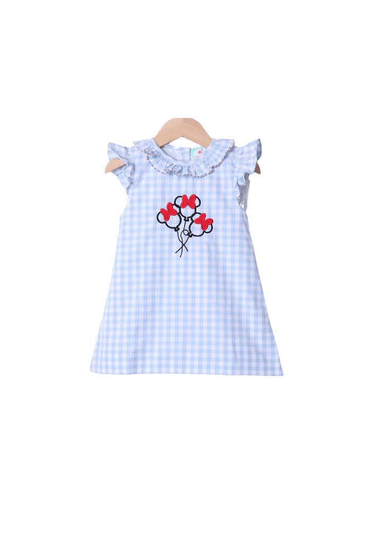 Embroidered Magical Balloon Blue Gingham Ruffle Dress | The Smocked Flamingo