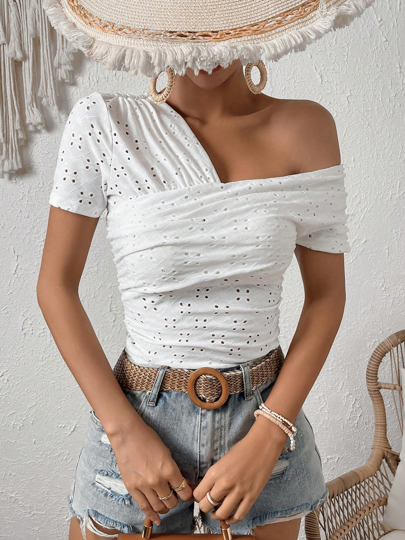 SHEIN VCAY Asymmetrical Neck Eyelet Embroidery Tee | SHEIN