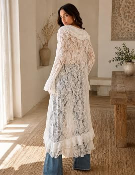 Womens Summer Lace Cardigan Maxi Lightweight Open Front Tie Bell Long Sleeve Ruffled Sheer Floral... | Amazon (US)