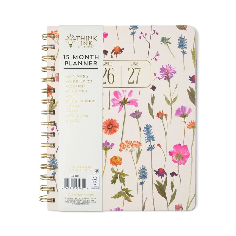 Think Ink 15 Month Weekly Planner  6.75" x 8.37" Cream Wildflower, Apr 2026 - Jun 2027 | Walmart (US)