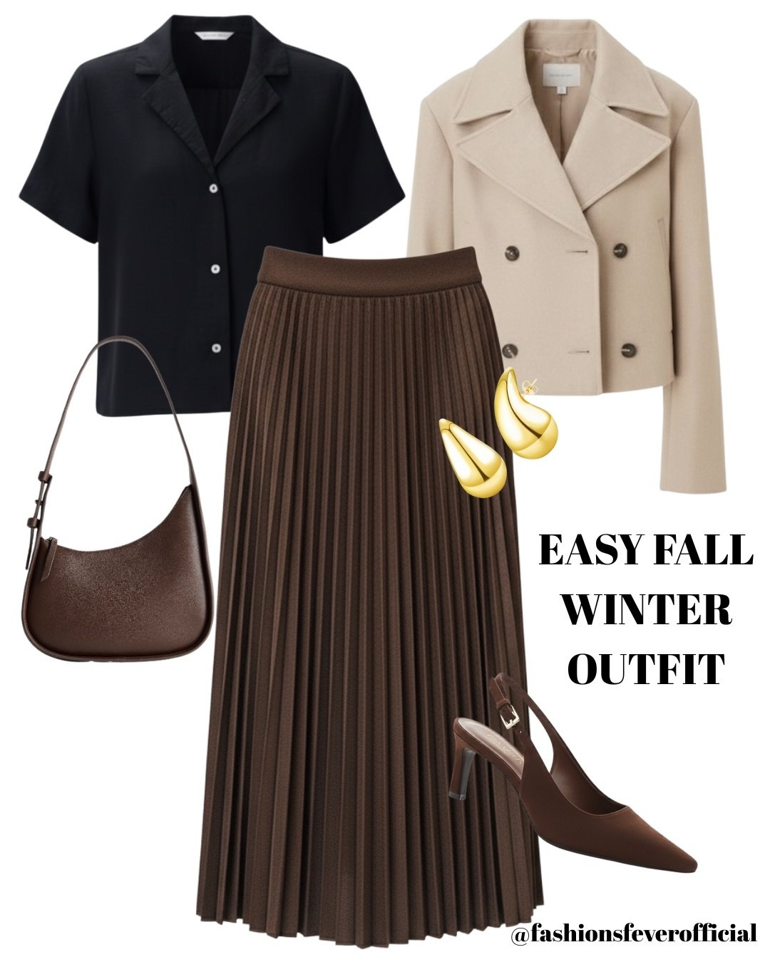 Easy Fall Winter Outfit: Wondering what to wear every day? This outfit can easily be created and looks elevated and polished. The chocolate brown pleated skirt with a black shirt and a cropped trench coat with suede slingback pumps and a sleek bag is a perfect way to add style to your autumn wardrobe.#LTKShoeCrush #LTKSeasonal

#LTKstyletip