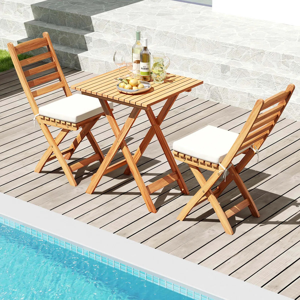 3-Piece Acacia Wood Folding Outdoor Bistro Set with Removable Seat Cushions | Wayfair North America