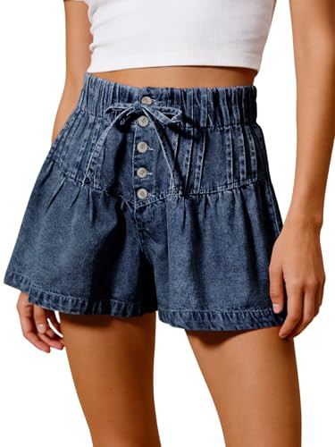 Tankaneo Womens Summer Flowy Jean Shorts Casual Drawstring Elastic Waist Buttons Pleated Baggy De... | Amazon (US)